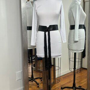 Black Wide Belt with Fringe Ends, Vintage, Size S-M